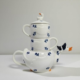 ZPGXLRZ Mother Duck Ceramic Tea Pot with 2 Tea Cups Set, Hand-painted Porcelain Teapot Set for Coffee Latte Milk Tea Flower and Fruit Tea (BLUE)