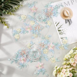 GORGECRAFT Pack of 2 3D Embroidered Flowers Fabric Patches Beads Lace Applique for Sew-On Motif Embroidery Floral Pattern Wedding Dress Sewing Accessories for Clothing Hats Jeans Clothing Decor Light