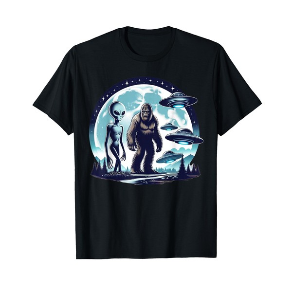 Funny Bigfoot Sasquatch Alien UFO Spacecraft Full Moon T-Shirt