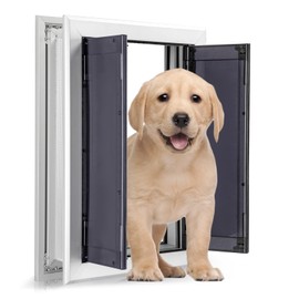 Rseord Sliver Pet Door with Panels, Aluminum Dog Door with Automatic Closing Magnetic Flaps, Medium Doggie Door, Slide-in Panel & 4 Security Locks, Suitable for Doors, Screen and Wall