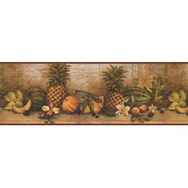 CONCORD WALLCOVERINGS ™ Wallpaper Border Fruits Pattern Pineapples Flowers for Kitchen Cottage Dining Area, Green Brown Beige Yellow, 15 ft by 8 in CW32142B
