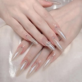 BABALAL Long Stiletto Press on Nails White Chrome Fake Nails Aurora Glue ons Nails Bling Design Acrylic Nails 24Pcs Rhinestone Almond Full Cover False Nails