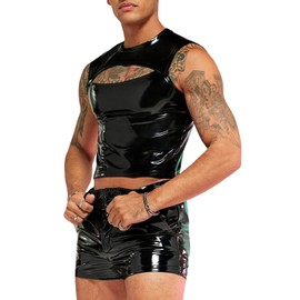 WDIRARA Men's 2 Piece Outfit Pu Leather Cut Out Sleeveless Crop Tank Top and Shorts with Pocket, Black, Medium