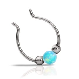 Light Blue Opal Fake Septum Ring- Sterling Silver Faux Septum Hoop Piercing- Clip on Septum Nose Piercing