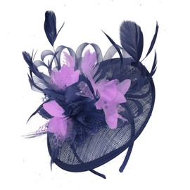 Caprilite Navy Blue and Lilac Sinamay Disc Saucer Fascinator Hat for Women Weddings Headband