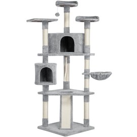 Light Gray Multi Level Cute Cat Tree 79" | Unique Ultimate Comfort Carpet Durable, Non-Skid Base Stable & Sturdy Wood Frame Sisal Rope Tall Cactus Hammock Tip Resistant Extra Plush Soft Mushroom