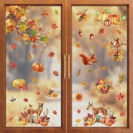 ZAWE 9 Sheets Fall Window Clings Deers Maple Leaves Pumpkins Flowers Double-Sided Window Decals Stickers for Autumn Thanksgiving Party Home Classroom Office Decorations