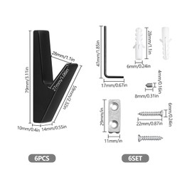 JINTANG Coat Hooks Black Matt, 6 Pieces Coat Hooks Acoustic Panels Black, Wall Hooks Acoustic Panels Coat Rack for Kitchens, Bathrooms, Foyers and Hallways