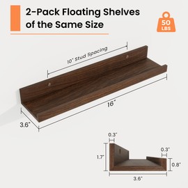 RICHFOCUS Picture Ledge Shelf, 16 inch Floating Shelves Set of 2, Wood Wall Shelves with Lip, Wall Decor Storage for Bedroom Living Room Bathroom Kitchen Nursery Photo Picture, Walnut