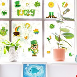 JarThenaAMCS 20Pcs St. Patrick's Day Thick Gel Clings Cartoon Lucky Shamrock Rainbow Elf Gel Decals Reusable Irish Holiday Window Clings for Home School Nursery Decorations Party Supplies