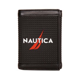 Nautica Men's Logo Rubber and Leather Trifold Wallet, Black, One Size