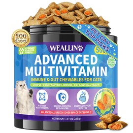 Taurine for Cats Vitamins Treats, 18 in 1 Cat Multivitamins Treats 500 Crunchy & Krill Chews Cat Vitamins with Taurine Supplements for Heart Vision Immune Digestion Skin & Coat Support for All Ages
