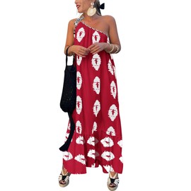 PRETTYGARDEN Women's Summer One Shoulder Maxi Dresses Printed Flowy Boho Beach Vacation Long Sundress (Wine Red White Floral,Large)