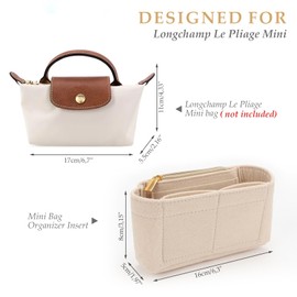 ZOLGINAH Bag Organiser for Longchamp Le Pliage Mini, Felt Handbag Organiser with Multifunctional Pockets, Large Capacity
