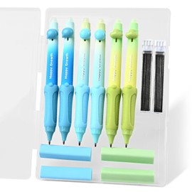 Temiary Cute Mechanical Pencil Set with Case, 6 Pcs Medium Point 0.9 mm Pencils with 2 Tubes HB Lead Refills, 4 Pcs Erasers for School Supplies Student Writing, Drafting Drawing Sketching (Morandi)