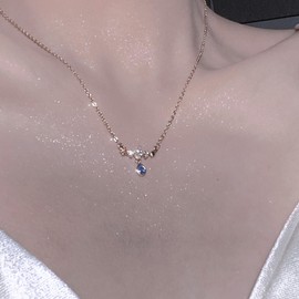 Aneneiceera Vintage Sapphire Teardrop Necklace Silver Cz Star Sapphire Choker Necklace Blue Crystal Pendant Necklace Shining Cz Blue Sapphire Necklace Chain Jewelry for Women and Girls
