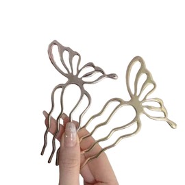 DEVENTORZ New Medium Butterfly Design U Shape Hairpin Set of 2 Gold+Silver Alloy Light Weight 40g 11x7.5x1cm Bun Chinese Wedding Party Hair Accessories