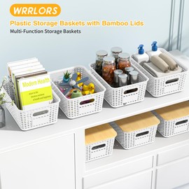 6 Pieces White Plastic Storage Baskets with Bamboo Lids with Labels Stackable Storage Containers for Organizing Shelves Drawers Desktop Closets Office