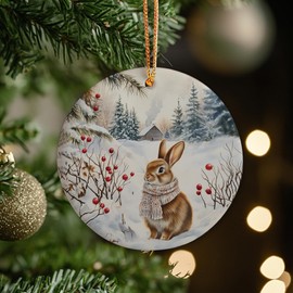 KSDUT Winter Ornament - Winter Snowy Bunny Ceramic Ornament Keepsake, Retro Xmas Forest Wild Animal Rabbit Ceramic Decor for Christmas Tree, Woodland Xmas Holiday Decoration Hanging Ornament