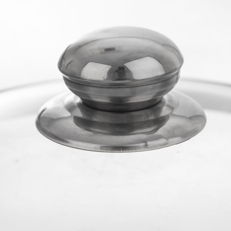 Glass lid with stainless steel ring.