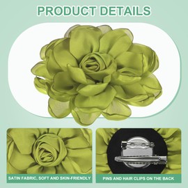 M METERXITY 4-Pack Rose Flower Brooches and Pins for Women, Lapel Pins Dainty Satin Fabric Big Camellia Hair Flowers Clips for Wedding/Parties/Clothes/Jewelry [10cm, Olive]