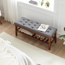 MILCIL Upholstered Shoe Bench Entryway Bench for Bedroom, End of Bed, Ottoman Bench Tufted Padded Seat with Solid Wood Shelf for Living Room, Linen Dark Gray