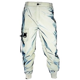 LZLRUN Men Rave Reflective Pants Breathable Zipper Fluorescent Trousers Casual Harajuku Night Sporting Jogger (L, Silver)