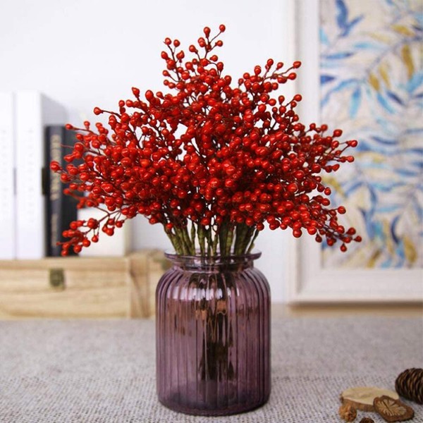 GREENTIME 16 Pack Artificial Red Berry Stems Holly for Christmas