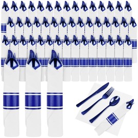 30Pack Blue Pre Rolled Plastic Silverware - Wrapped Blue Disposable Cutlery with Napkins, Heavy Duty Rolled Plastic Silverware Set, Disposable Utensils with Dinner Napkins for Party