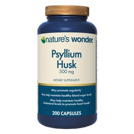 Nature's Wonder Psyllium Husk 500 mg Capsules for Digestive Health, Plant-Based Fiber, 200 Count