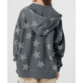 MISSACTIVER Women Star Graphic Zip Up Hoodies Y2k Drawstring Star Print Sweatshirt Oversized Jackets with Slant Front Pocket Grey