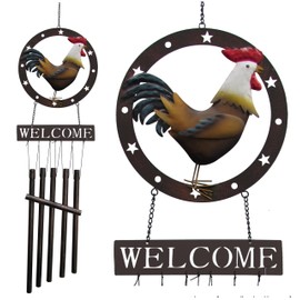 Rooster Wind Chime - Metal Handpainted Rooster Windchime with Welcome Sign - 34" Length - Hanging Garden Wind Bell (Forward Facing - Blue Accent)