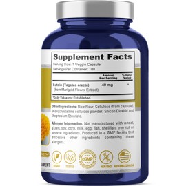 NusasPure Lutein 40mg 180 Veggie Capsules (Non-GMO, Vegan)
