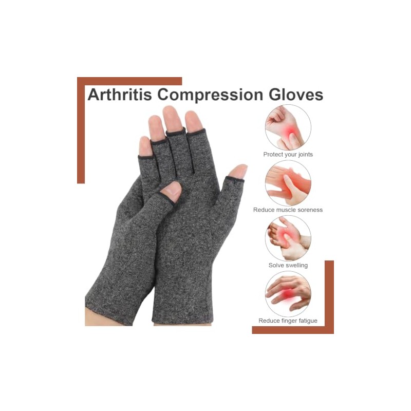 Arthritis Gloves, 2 Pair Fingerless Compression Gloves, Gray+Brown, L