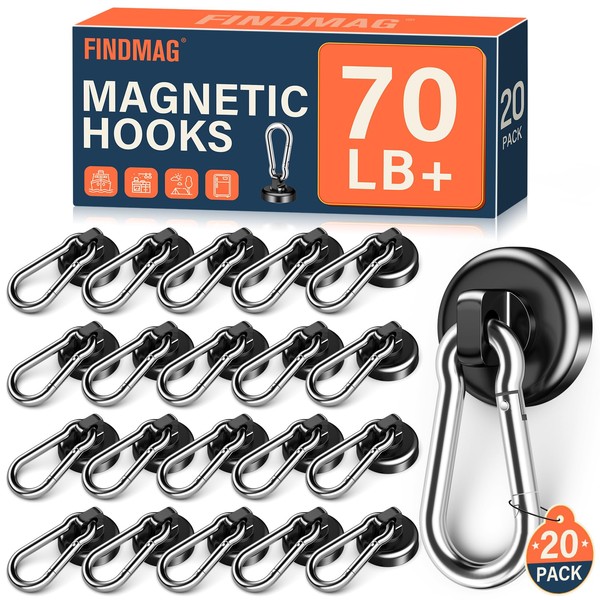 FINDMAG Magnetic Hooks with Swivel Carabiner, Neodymium Magnet Hooks for