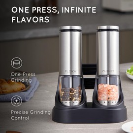 Flendy Electric Salt and Pepper Grinder Set Rechargeable, Automatic Salt and Pepper Grinder Set with Oversized Top Button, Stainless Steel Electric Salt and Pepper Shakers Set