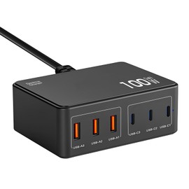 USB Charger, Total 100 W, Rapid Charger, Supports PD 30W, 6 Devices Simultaneously Charged, GaN (Gallium Nitride), 6 Ports (3USB-C & 3USB-A) USB Charger, Type C Charger, Compact Smartphone Charger,