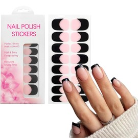 YOSOMK Gel Nail Stickers, French Pink Black Nail Strips, UV Free, Waterproof 16 Nail Wraps for Women, Long Lasting French Nail Polsih Stickers, Includes 1 Nail File, 1 Wooden Stick and 2 Prep Pad