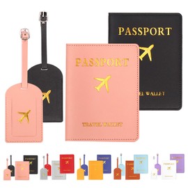 Rustark 4Pcs Black and Pink Passport Covers and Luggage Tags Set, Leather Passport Holder Travel ID Tag Suitcase Tags for US Passport Men Women Traveling