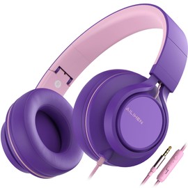 Ailihen C8 (Upgraded) Headphones with Microphone and Volume Control Folding Lightweight Headset 3.5mm Jack for Cellphones Tablets Smartphones Computer PC Mp3/4 (Purple Pink)