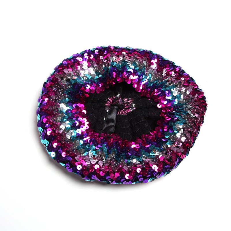ILUFAM Women Sparkly Sequins Beret Hat Shining Beanie Cap for