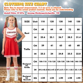 Cheerleader Costume Children, Cheerleading Outfit Girls, Cheer Uniform Outfit Dress, School Child Cheer Costume Outfit with Pompoms, Headpiece, Socks, Carnival Dress Up, Fancy Dress Party Costume