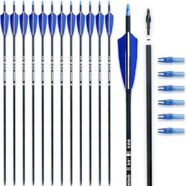 BOWSOUL 30inch Hunting Carbon Archery Arrows with 4" Natural Turkey Feathers Spine 500 for Recurve & Long Bow(Pack of 12) (Blue White)