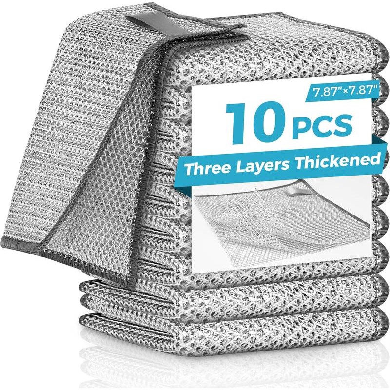 10 Counts Multipurpose Wire Dishwashing Rags,Double-Layer Dishwashing Cloth, Non-scratch Wire