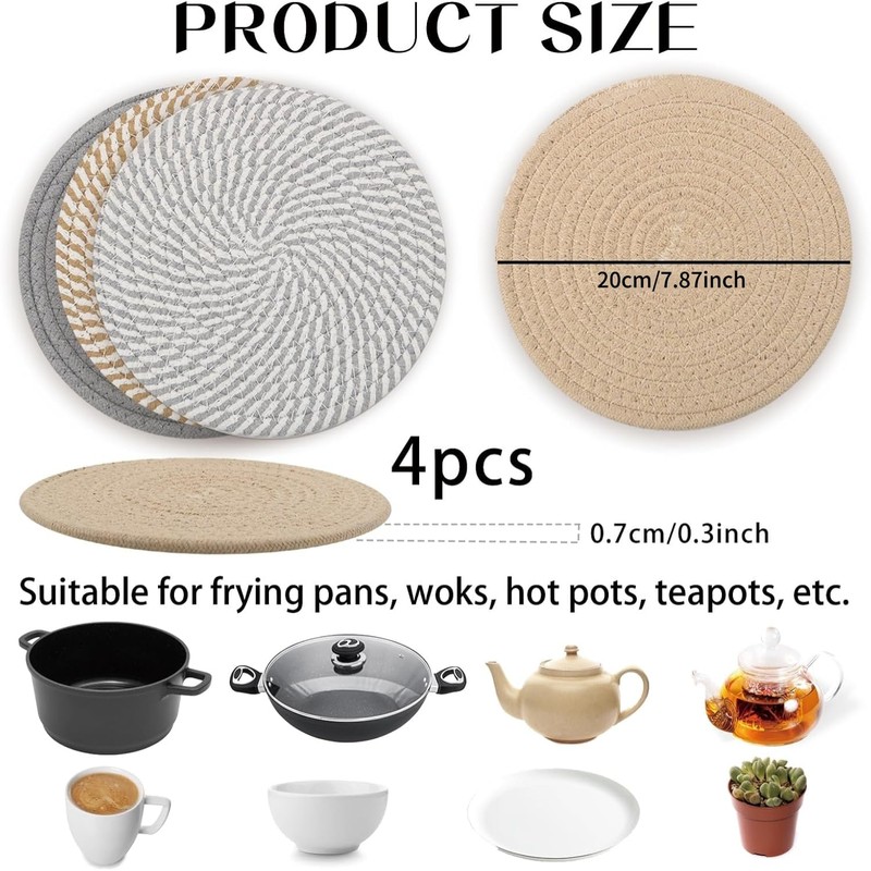 20CM Placemats Set of 4, Round Cotton Braided Woven Placemats,