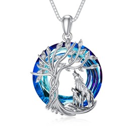 TOUPOP Wolf Necklace for Women 925 Sterling Silver Tree of Life Pendant Necklaces 2 Wolf Jewelry Blue Crystal Birthday Christmas Gifts for Women Mom Daughter Sister
