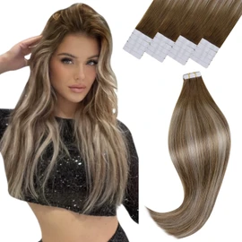 Vivien Real Hair Extensions Tape-In Brown Balayage 22 inches / 55 cm Invisible Tape Extensions Real Hair 20 Tapes 50 g Remy Hair Extensions with Tape Straight Medium Brown Ombre Blonde #6/60/6