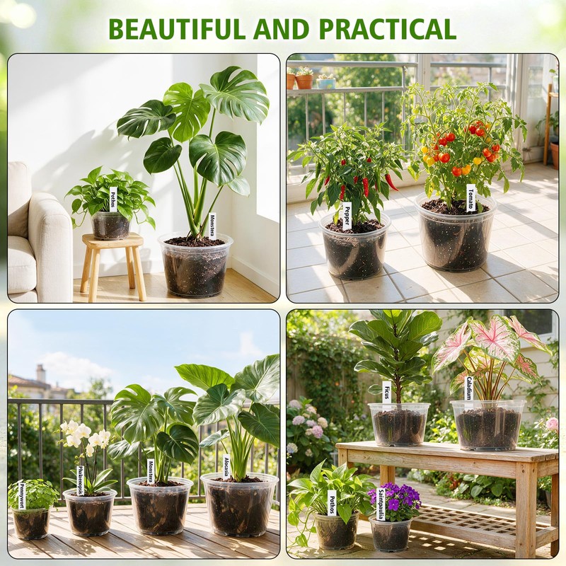 16 Pack 12/10/8/6 Inch Clear Nursery Pots with Drainage, Large