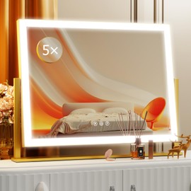Lighted Makeup Mirror, 17.3"x13" Hollywood Vanity Mirror with Lights, Three Color Lighting Modes, and 5X Magnification Mirror, Smart Touch Control, 360°Rotation (Gold, Gift Box)