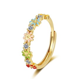 Lovely Daisy Flower Rings Dainty Blooms Enamel Crystal Adjustable Open Ring Colorful Sunflower Wedding Engagement Ring Finger Band Eternity Dainty Jewelry Gifts Delicate Everyday Ring for Women (Gold)